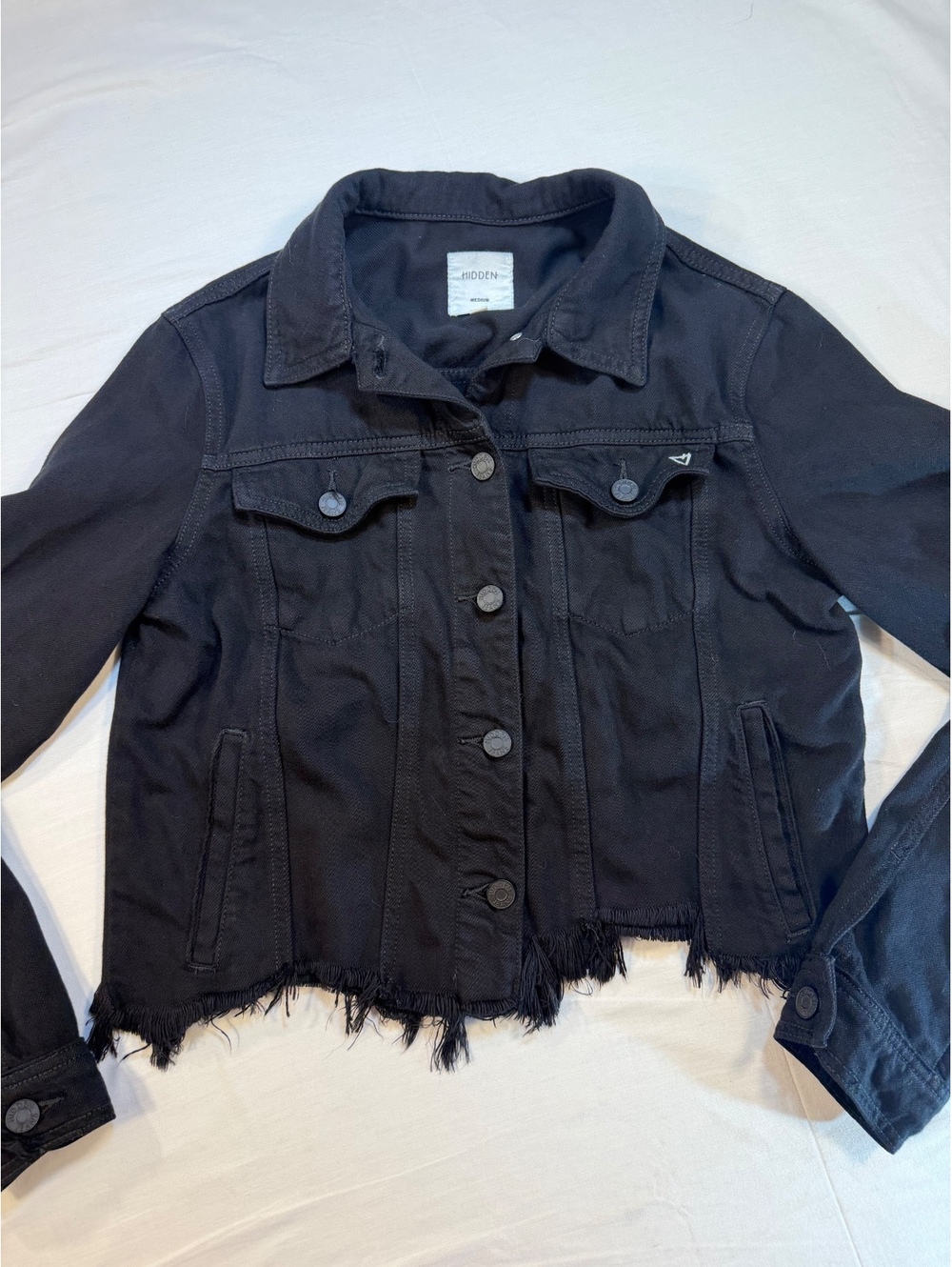 Hidden Medium Black Denim Jacket with Frayed Hem